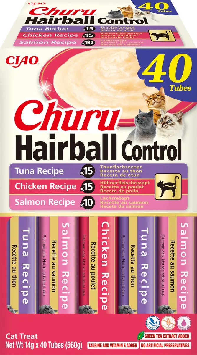 Ciao Churu Hairball Creamy Puree Liquid Kattensnack Tonijn & Kip 40x14g fra Inaba – produktbillede