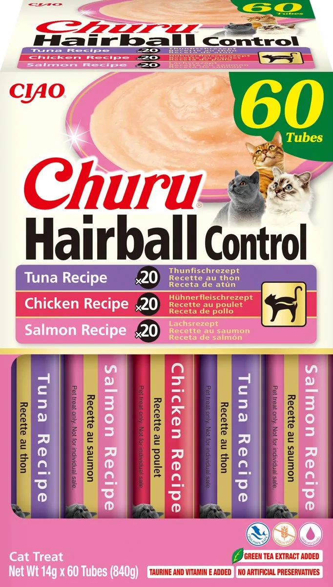 Ciao Churu Hairball Creamy Puree Liquid Kattensnack Tonijn & Kip 60x14g von Inaba – Produktfoto