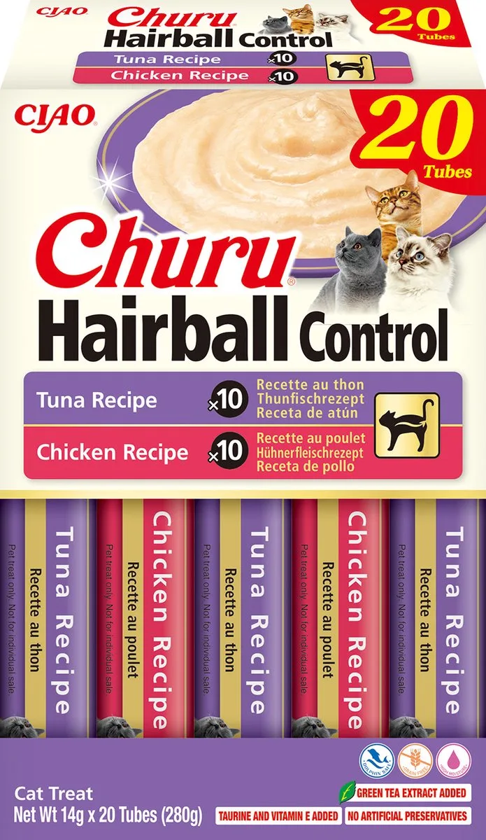 Ciao Churu Hairball Creamy Puree Liquid Kattensnack Tonijn & Kip 20x14g de Inaba – photo produit