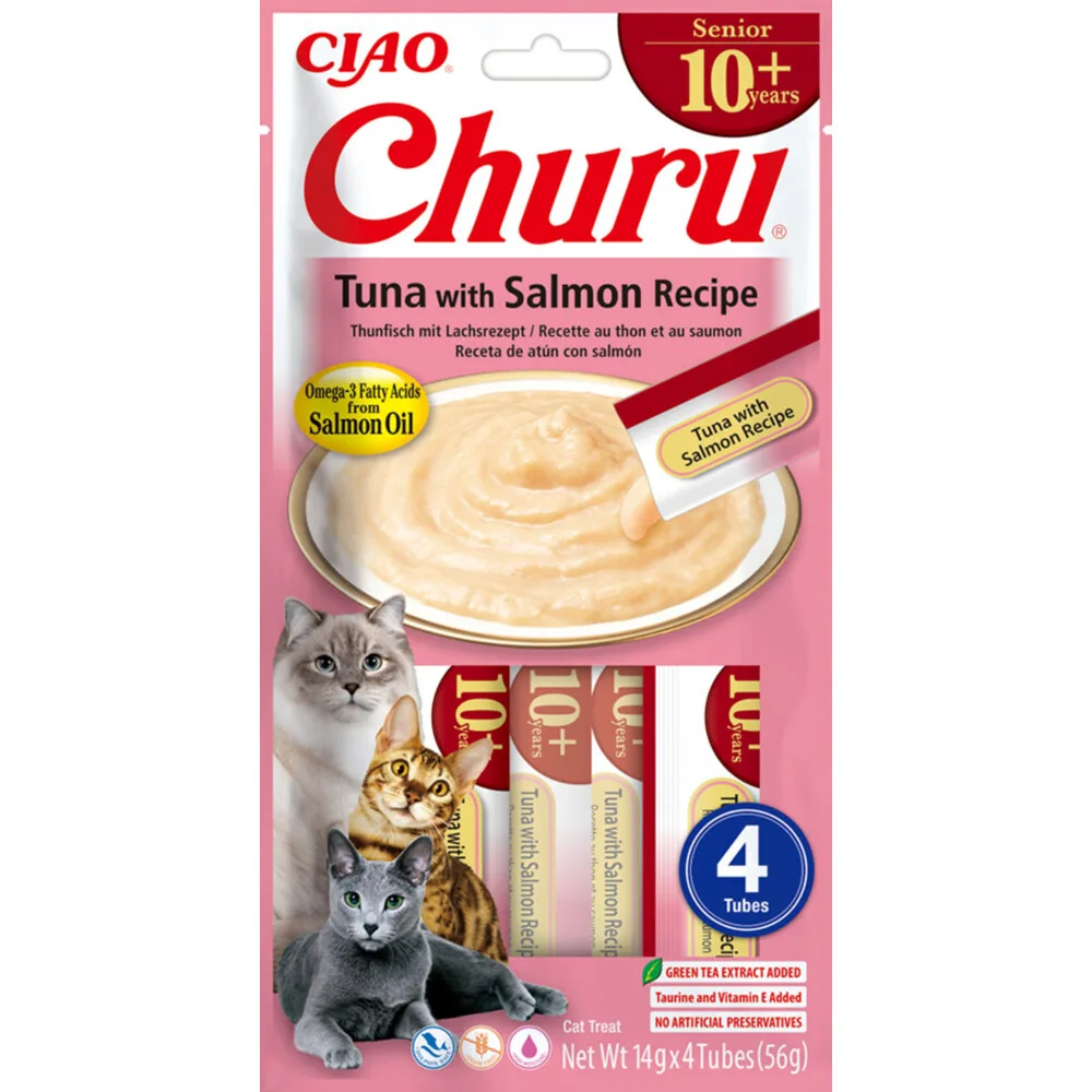 Ciao Churu Puree Senior 10+ Kattensnack Tuna & Salmon 4 x 14 gr van Inaba – productfoto