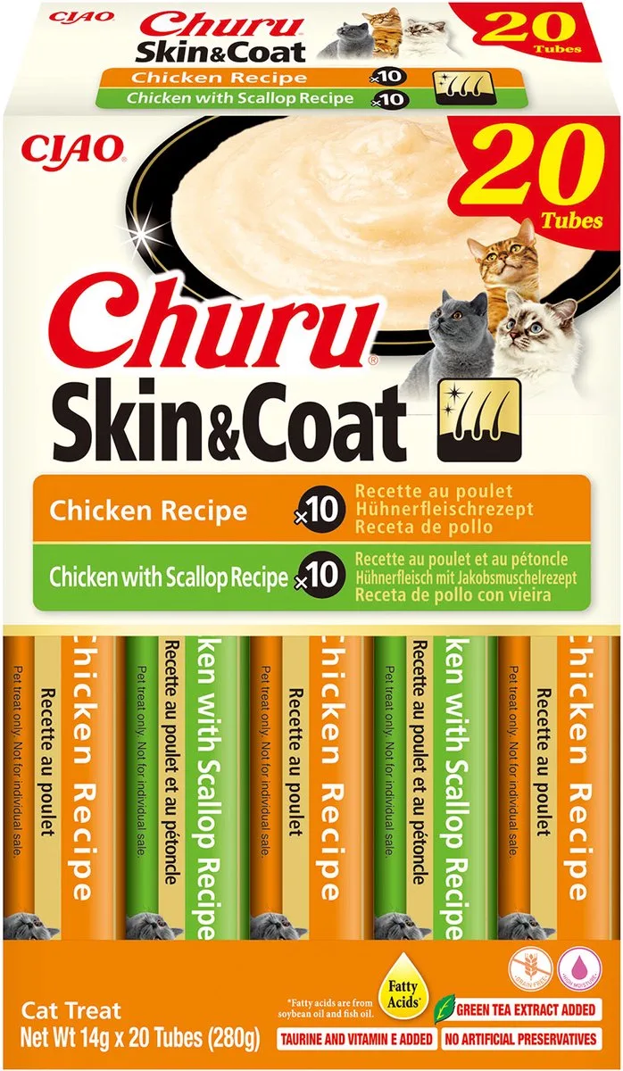 Ciao Churu Skin & Coat Creamy Puree Liquid Kattensnack Kip variëteiten 20x14g by Inaba – product photo