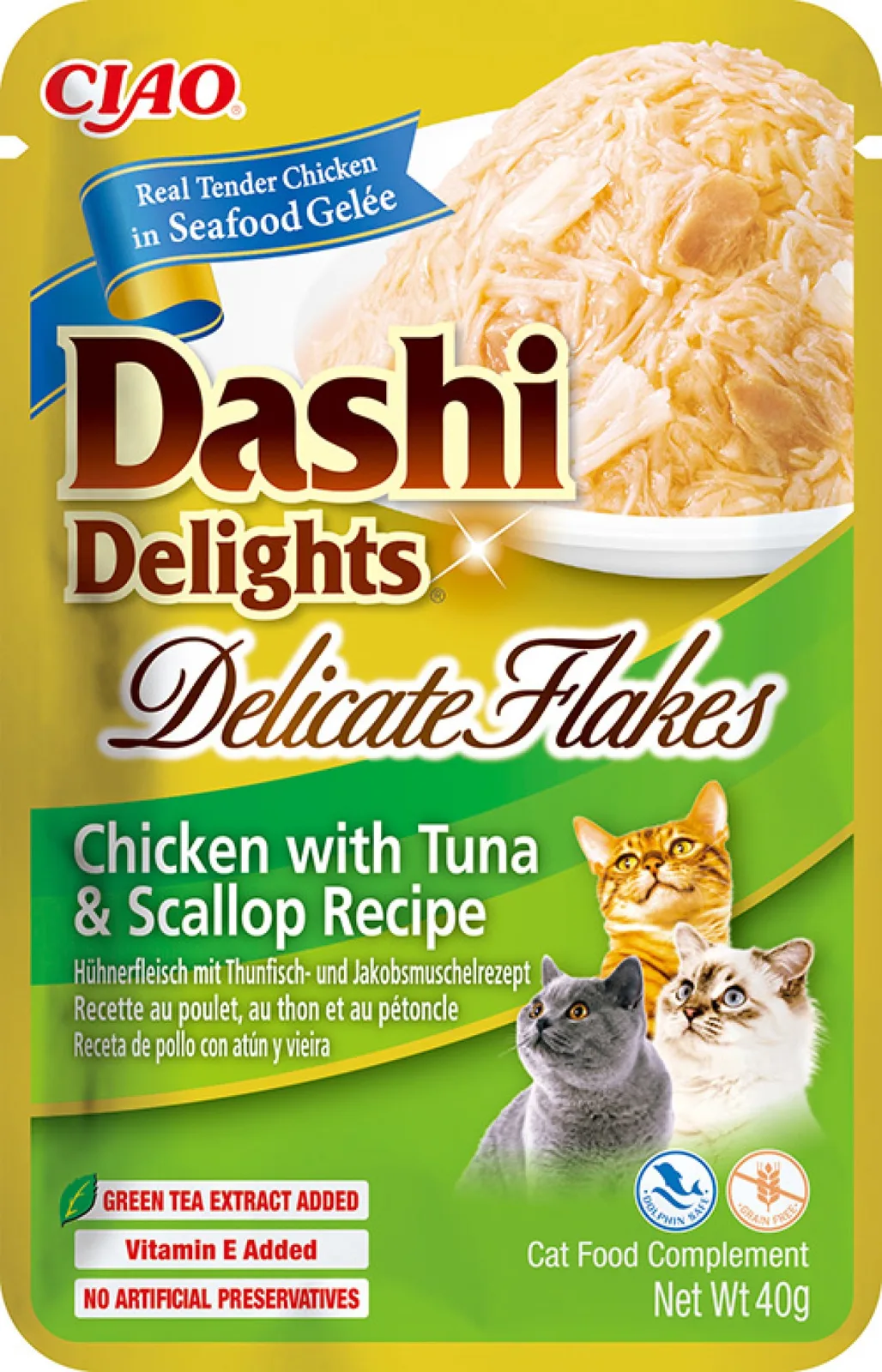 CIAO Dashi Delights Delicate Flakes kat Kip met tonijn en sint-jacobsschelp från Inaba – produktbild