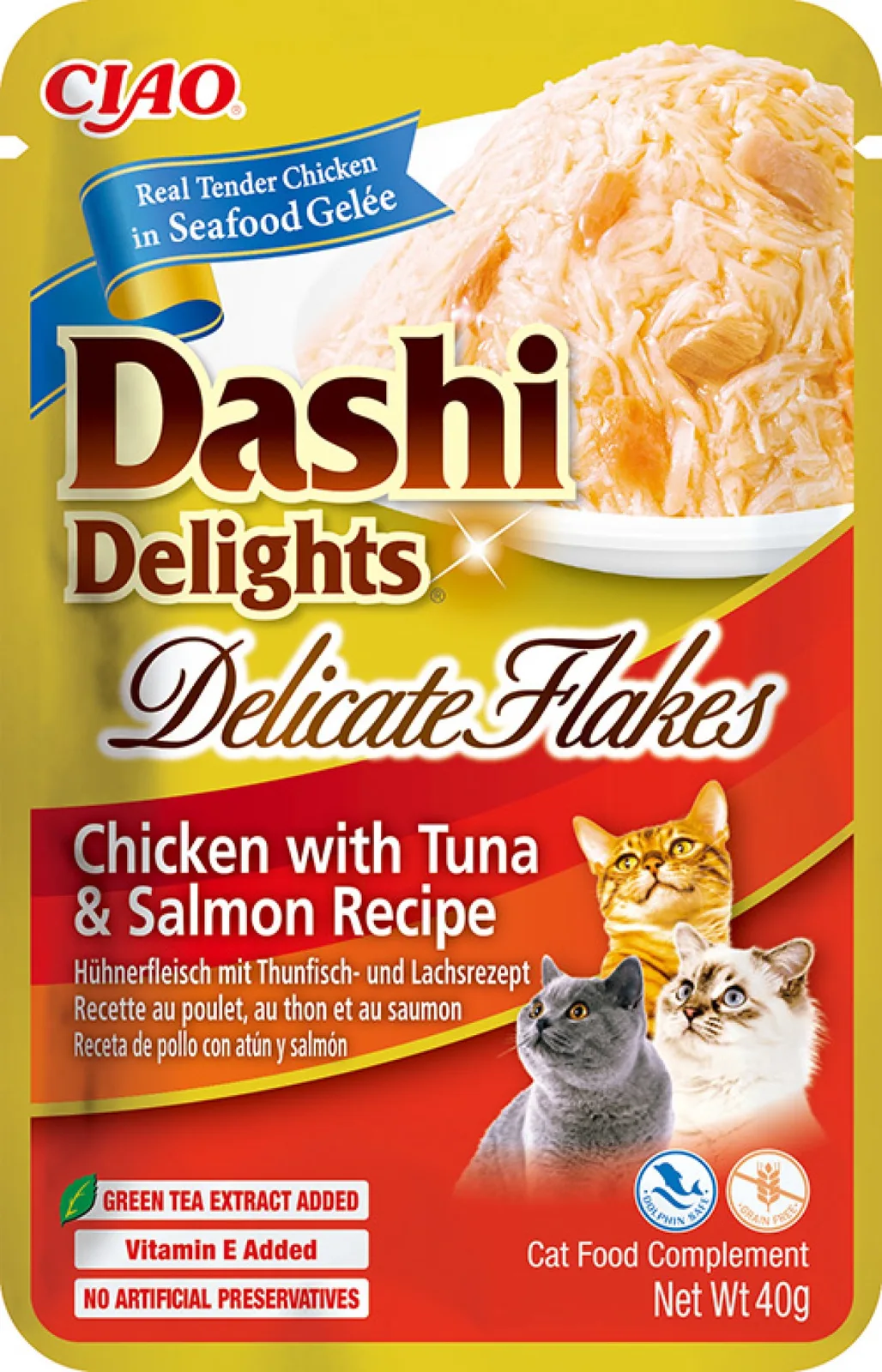 CIAO Dashi Delights Delicate Flakes kat Kip met tonijn en zalm från Inaba – produktbild