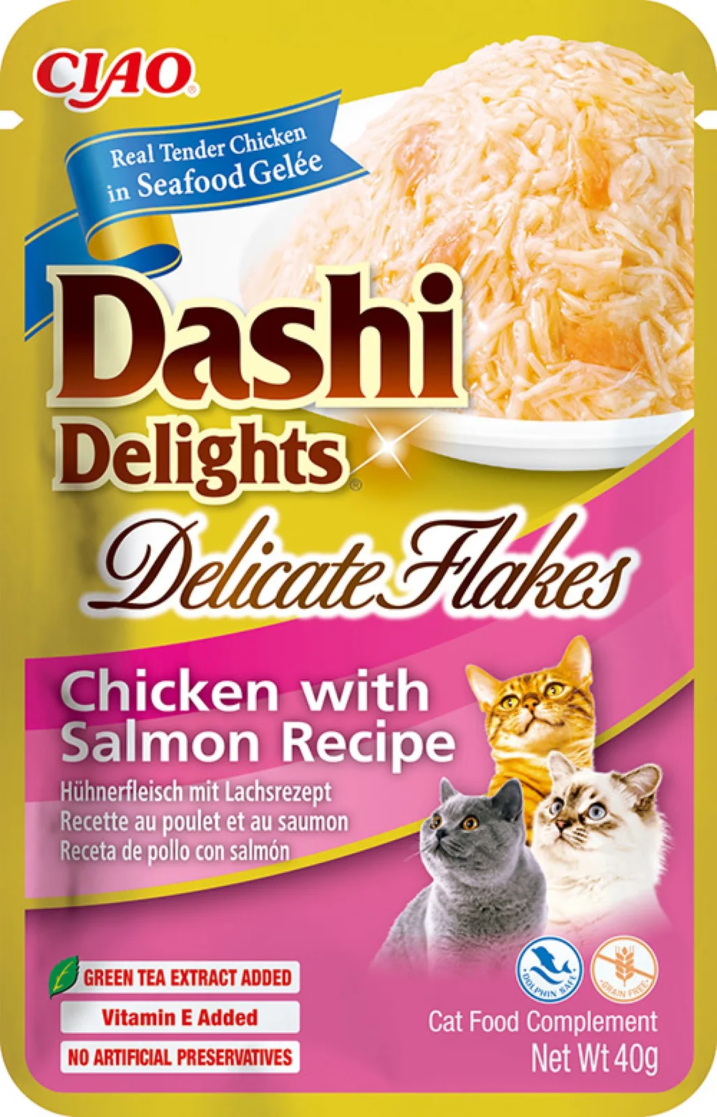 CIAO Dashi Delights Delicate Flakes kat Kip met zalm från Inaba – produktbild