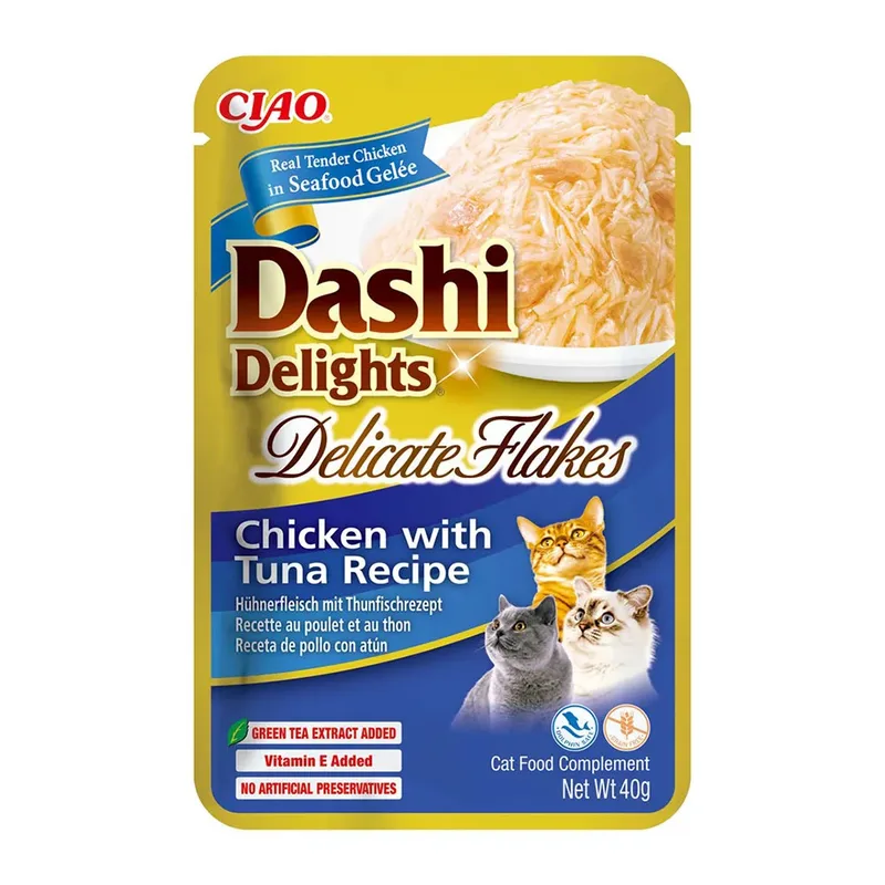 Kat Dashi Delights Fijne Vlokjes Kip Met Tonijn Recept Kattensnack 40g by Inaba – product photo