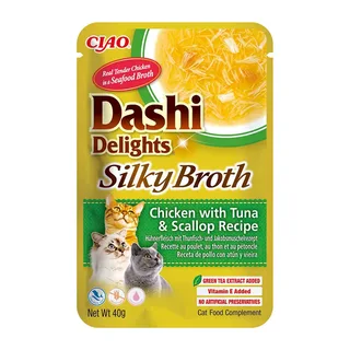 Kat Dashi Delights Zijdezachte Kippenbouillon Met Tonijn En Coquille Recept Kattensnack 40g by Inaba – product photo 1 of 2