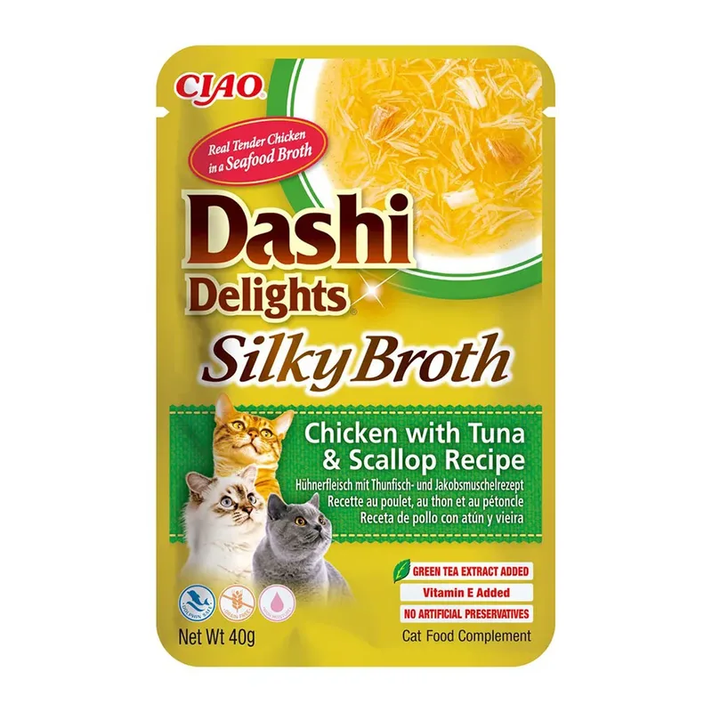 Kat Dashi Delights Zijdezachte Kippenbouillon Met Tonijn En Coquille Recept Kattensnack 40g by Inaba – product photo 1 of 2