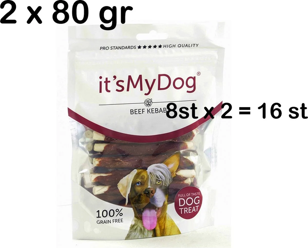 ** 2 X ** It 's my dog -80 gr - beef kebab - 2 x 80 gr = 160 gr - 2 x 8 st = 16 st van It's My Dog – productfoto
