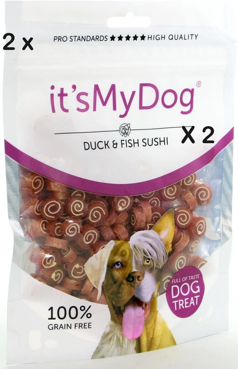 * 2 X * It's my dog 85 gr - hondensnack - trainingssnack -duck and fish sushi - = 170 gr graan vrij - kwalitatief 84% eend de It's My Dog – photo produit