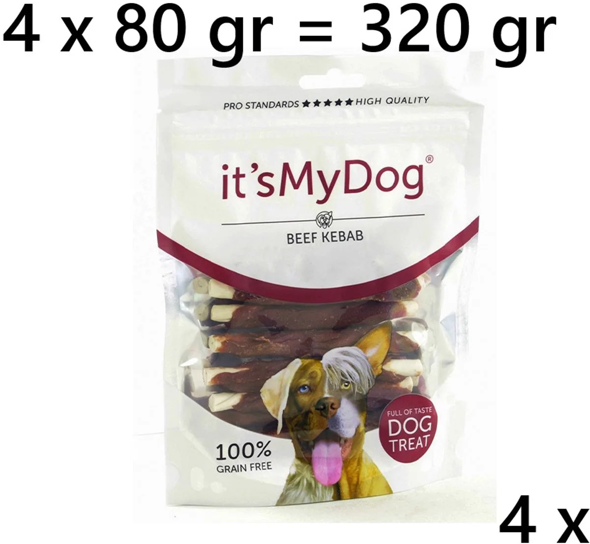 4 X It 's my dog - beef kebab 80 gr = 320 gram 100% graanvrij - als verwensnack - tandverzorgend rund 44% by It's My Dog – product photo