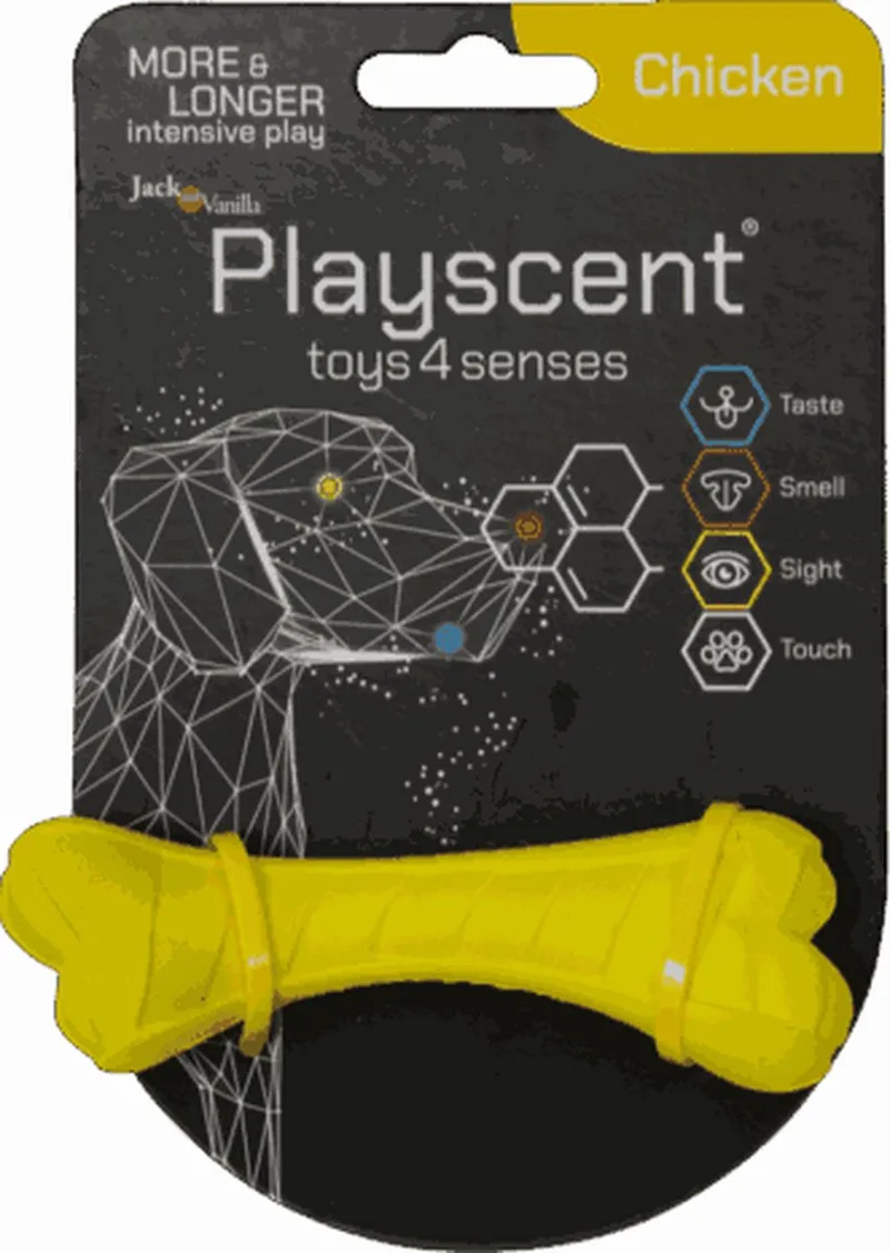 hondenspeelgoed - Lengte 11cm - Kip smaak - Hondenspeelgoed - Kauwbot - Honden speelgoed - Puppyspeelgoed - Playscent Been fra Jack and Vanilla i Gul – produktbillede