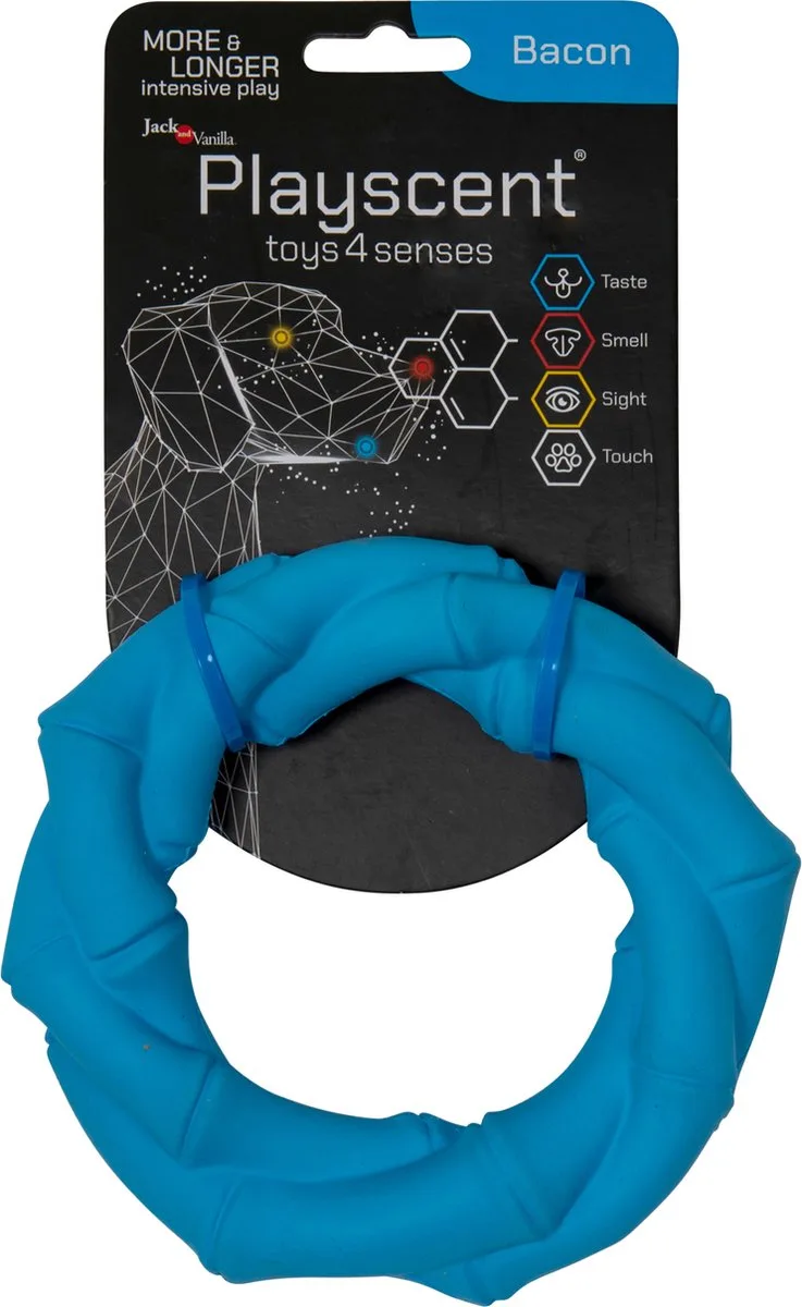 hondenspeelgoed - Lengte 14cm - Hondenspeelgoed - Honden speelgoed - Puppyspeelgoed - Kauwbot - Playscent Ring - Bacon by Jack and Vanilla in Blue – product photo