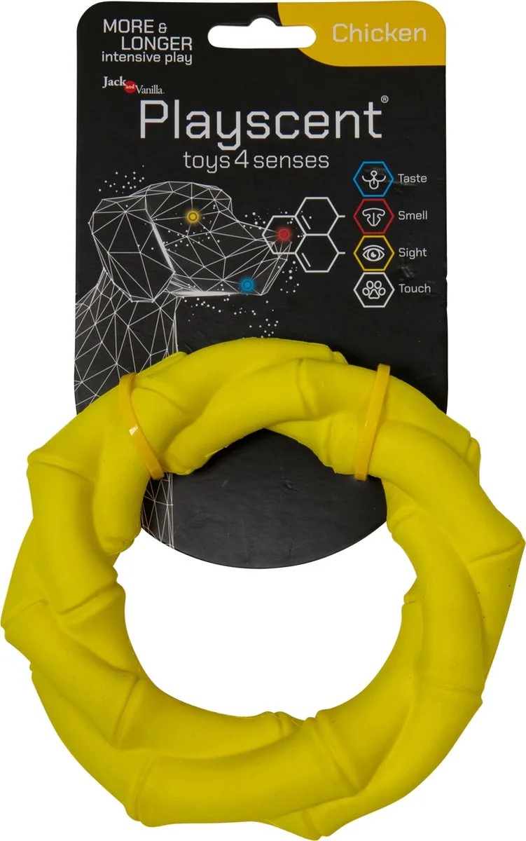 hondenspeelgoed - Lengte 14cm - Kauwbot - Hondenspeelgoed - Puppyspeelgoed - Honden speelgoed - Kauwbot hond - Playscent Ring - Kip by Jack and Vanilla in Yellow – product photo