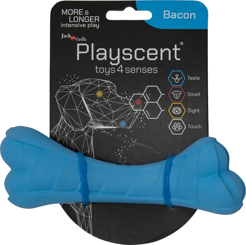 hondenspeelgoed - Lengte 16cm - Hondenspeelgoed - Honden speelgoed - Kauwbot - Puppyspeelgoed - Playscent Been - Bacon by Jack and Vanilla in Blue – product photo