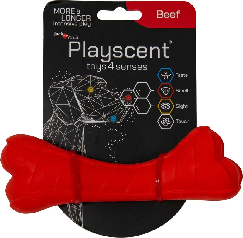 hondenspeelgoed - Lengte 16cm - Hondenspeelgoed - Honden speelgoed - Puppyspeelgoed - Kauwbot - Kauwbot hond - Playscent Been - Rund von Jack and Vanilla in Rot – Produktfoto