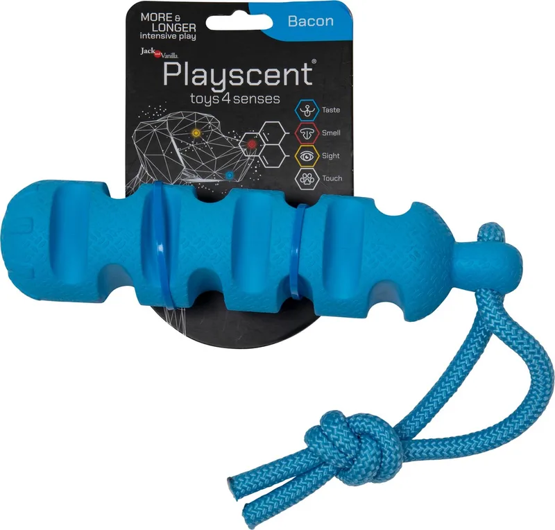 hondenspeelgoed - Lengte 24cm - Dummy hond - Honden speelgoed - Puppyspeelgoed - Hondenspeelgoed - Playscent Dummy - Bacon by Jack and Vanilla in Blue – product photo