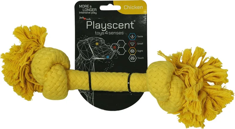 hondenspeelgoed - Lengte 32cm - Hondenspeelgoed - Flostouw hond - Honden speelgoed - Puppyspeelgoed - Playscent Touw - Kip by Jack and Vanilla in Yellow – product photo