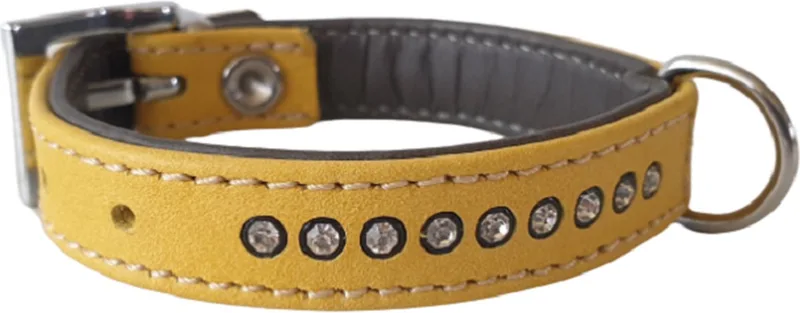 Nappa Halsband / Hondenhalsband - Nappa Leder met Strass steentjes - Geel / Antraciet - Breedte 14 mm - Nekomtrek 14 - 17,5 cm (GELIEVE ALVORENS BESTELLEN OPMETEN) by Jack and Vanilla in Yellow, Grey – product photo