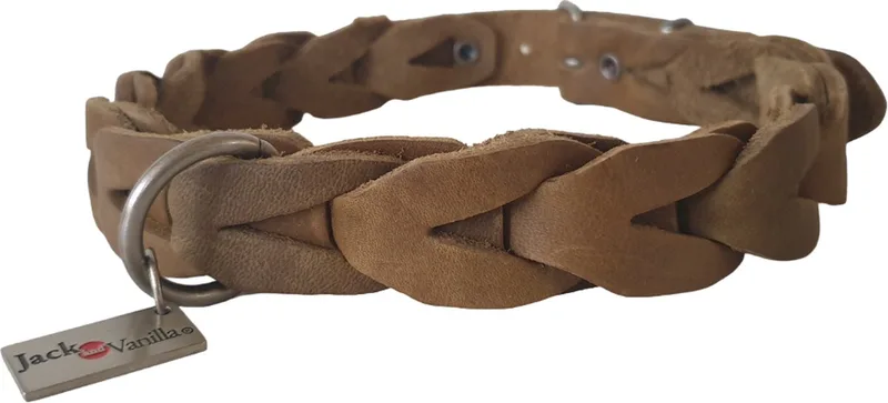 Old School Halsband / Hondenhalsband - Gevet Leder - Gevlochten - Groen - Breedte 25 mm - Nekomtrek 46 - 54 cm (GELIEVE ALVORENS BESTELLEN OPMETEN) von Jack and Vanilla in Bruingroen – Produktfoto