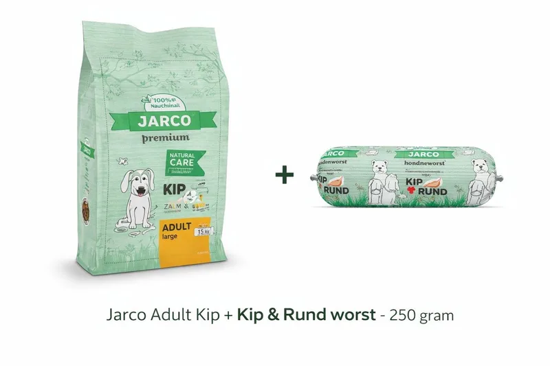 Dog Natural Large Adult Kip - Hondenvoer – 15 kg 26-45 Kg + Kip & Rund worst 250gram von Jarco – Produktfoto