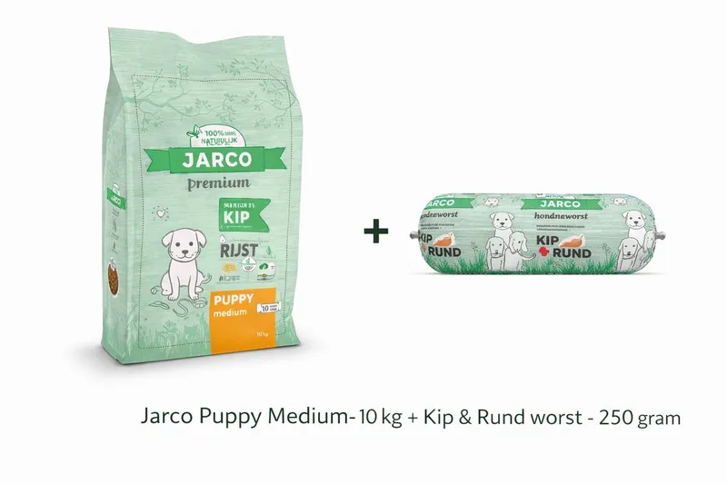 Dog Natural Medium Puppy Kip - Hondenvoer – 10 kg 11-25 Kg + Kip & Rund worst 250 gram von Jarco – Produktfoto