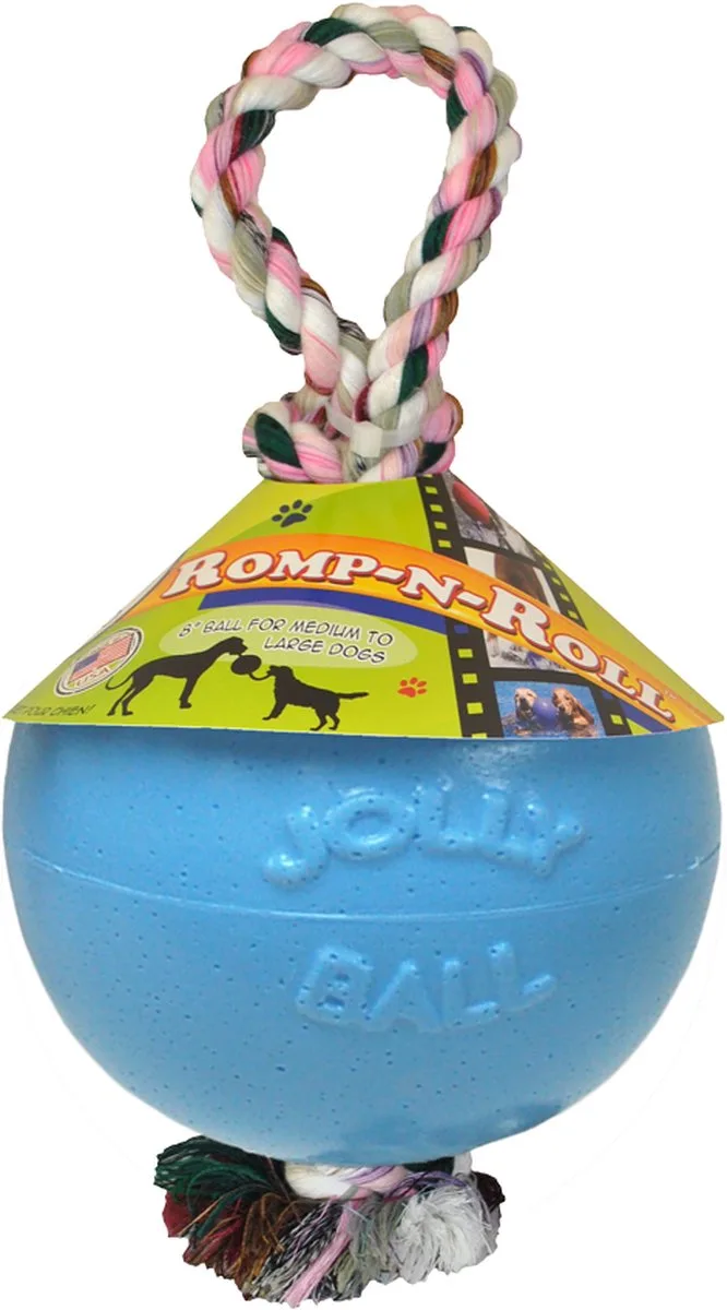 Jolly Ball Romp-n-Roll - Ø 15 cm – Honden speelbal met Bosbessengeur – Hondenspeelgoed met stevig trektouw – Baby by Jolly Pets in Blue – product photo