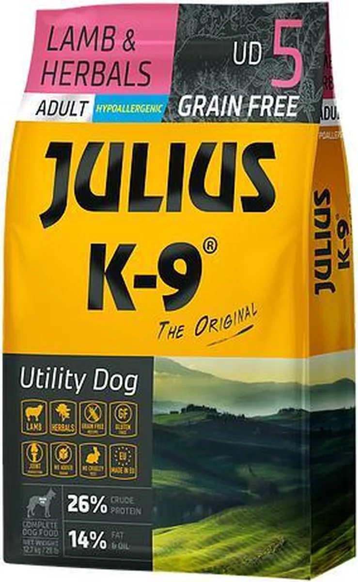 Graanvrij en hypoallergeen hondenvoer - hondenbrokken op lam & aardappel basis - voor volwassen honden - 10kg by Julius-K9 – product photo