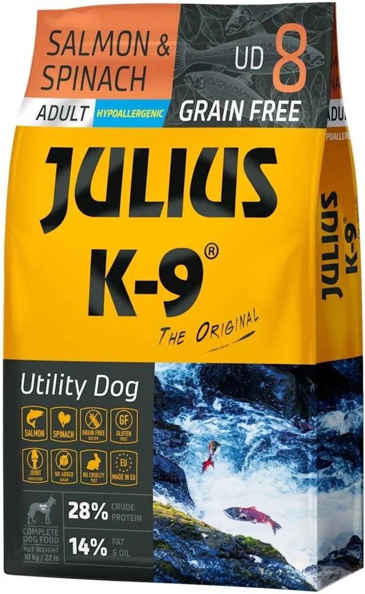 Graanvrij en hypoallergeen hondenvoer op zalm & aardappel basis - Voor volwassen honden van kleine rassen - 10kg fra Julius-K9 – produktbillede