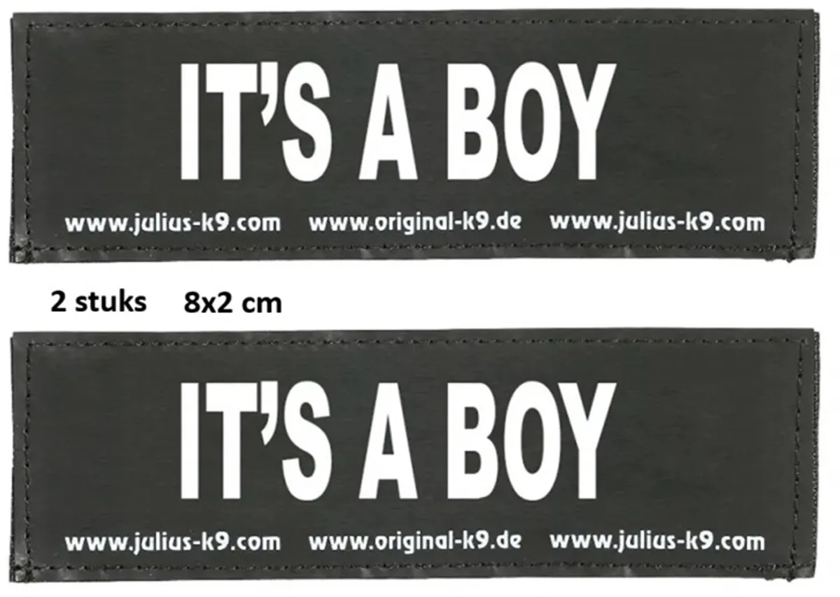 label - IT'S A BOY-(20mm x 80mm) set van 2 stuks voor K9 tuigje baby de Julius-K9 en Noir – photo produit