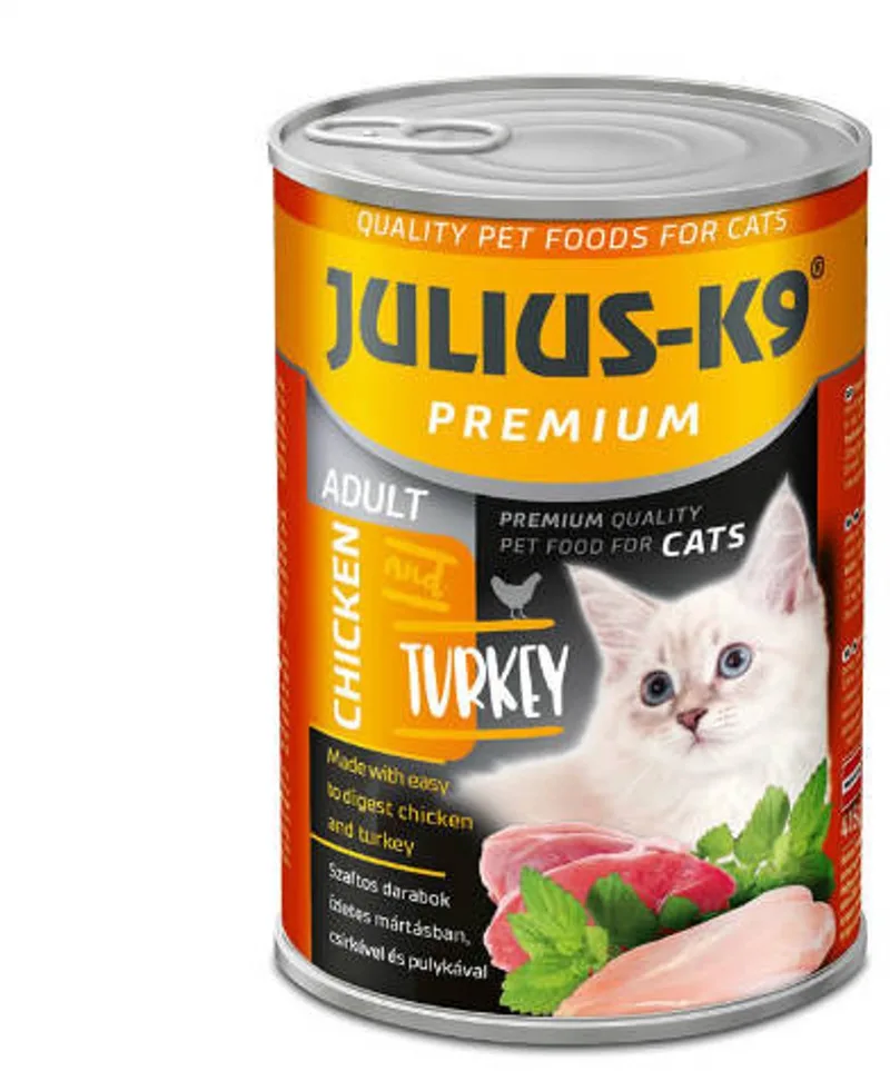 Natvoer kat - Kattenvoer blikvoer volwassen katten – Katten natvoer met stukjes vlees in saus - Kip & kalkoen smaak - 10 x 415g by Julius-K9 – product photo