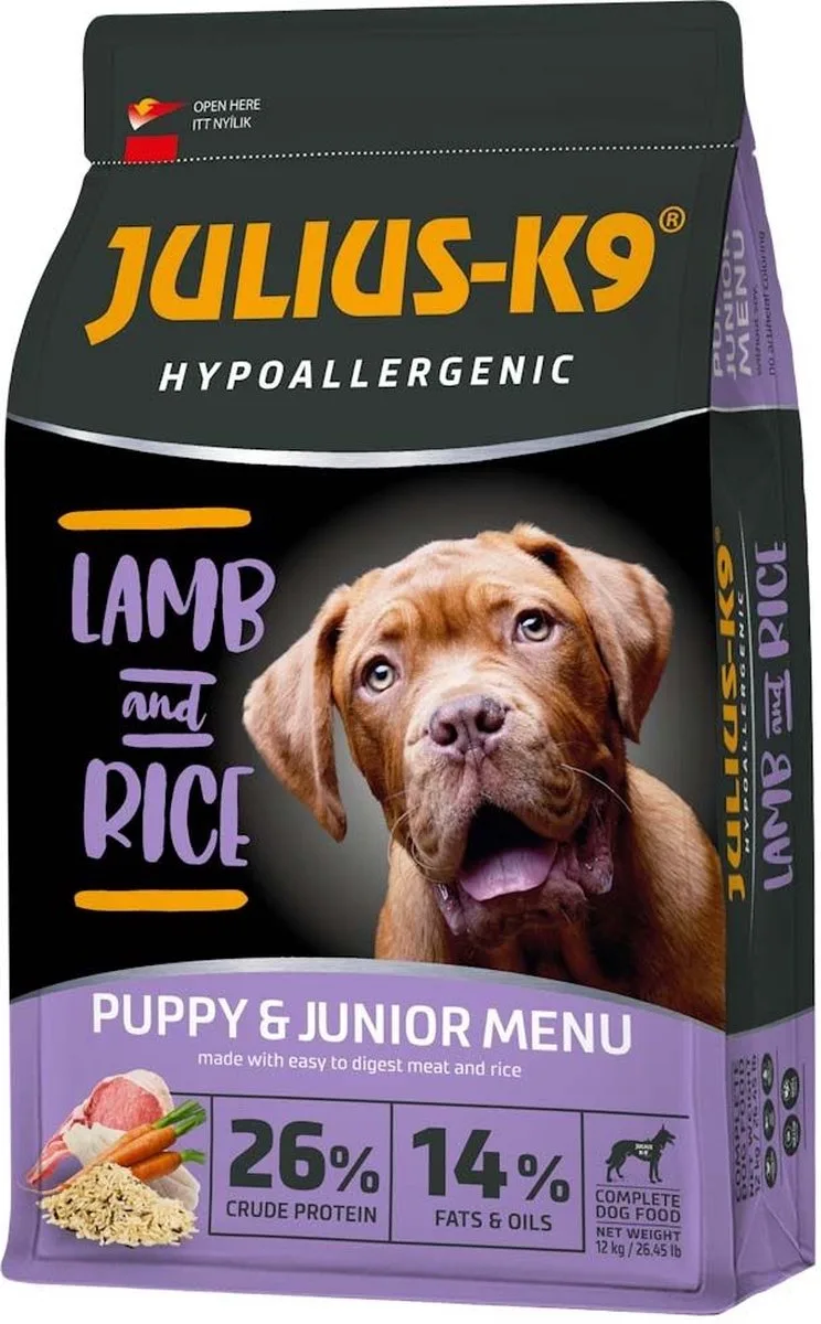 Puppy/Junior – Hypoallergeen hondenvoer met lam – Hondenbrokken voor pups en jonge honden tot 1 jaar met gevoelige spijsvertering – 12kg von Julius-K9 – Produktfoto