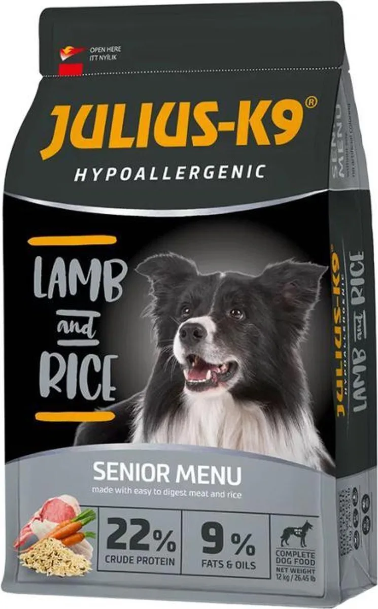 Senior – Hypoallergeen hondenvoer met lam & rijst – Hondenbrokken voor oudere honden met gevoelige spijsvertering – 12kg fra Julius-K9 – produktbillede