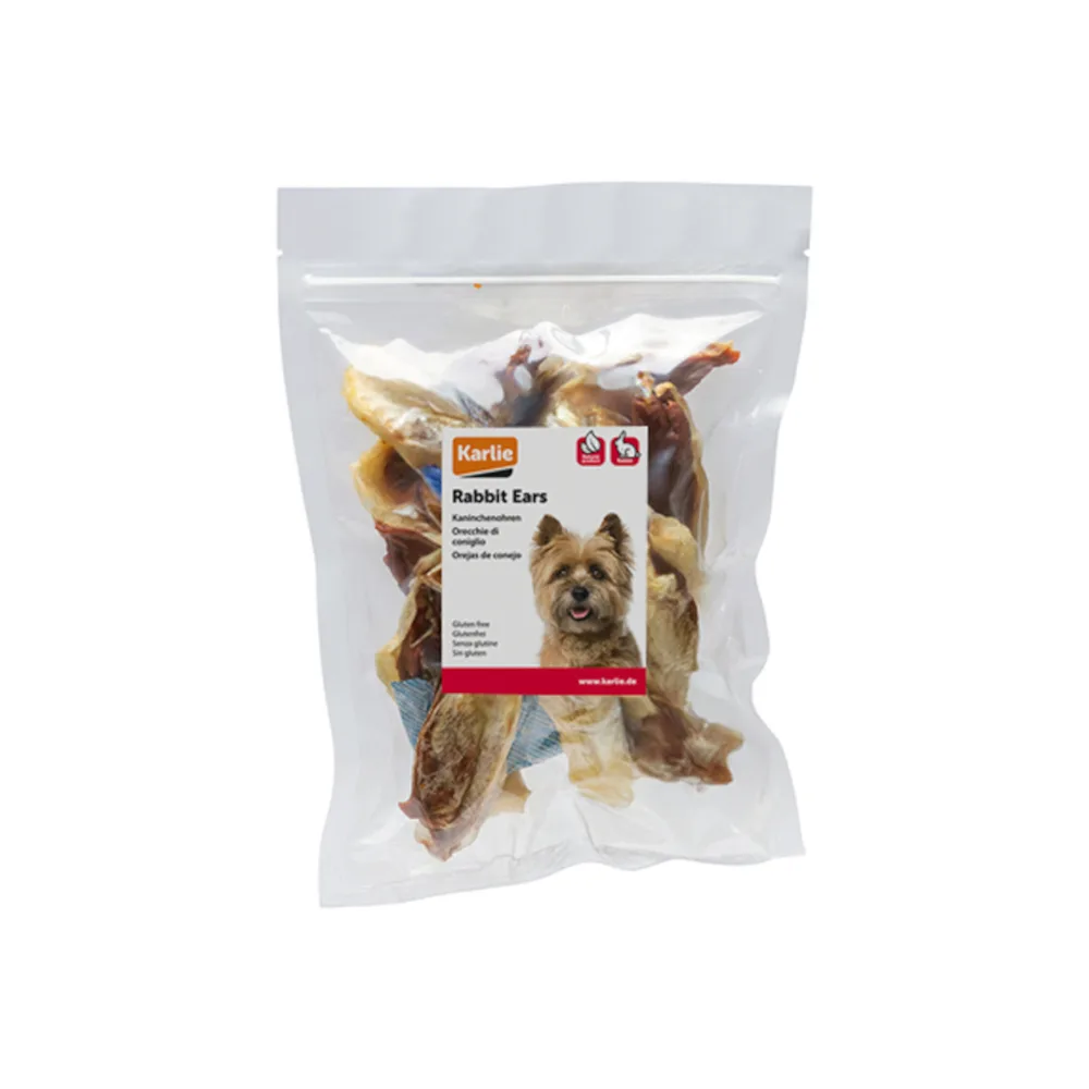 250g beeztees gedroogde konijnenoren met eend hondensnacks by Karlie – product photo