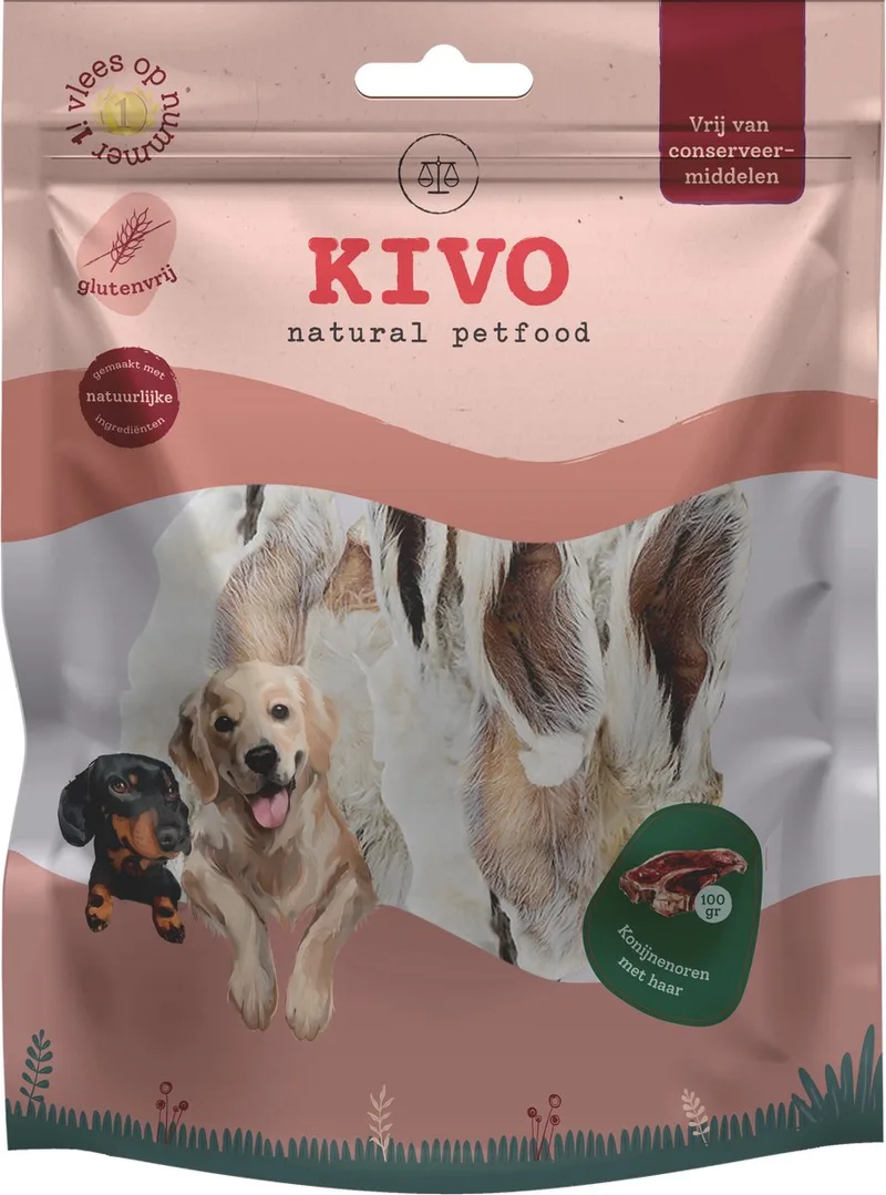 Hondensnack Konijnen oren met haar 100 gram - Graanvrij en Glutenvrij by Kivo Petfood – product photo