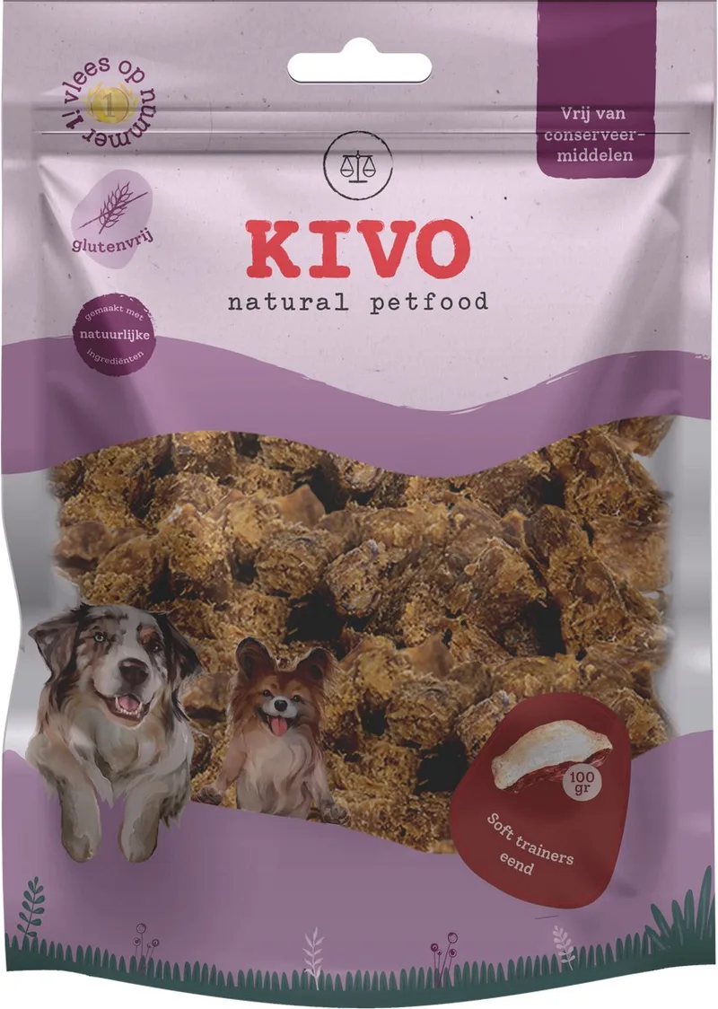 Hondensnack Soft Trainers eend 2 zakken x 100 gram - Graanvrij en Glutenvrij de Kivo Petfood – photo produit