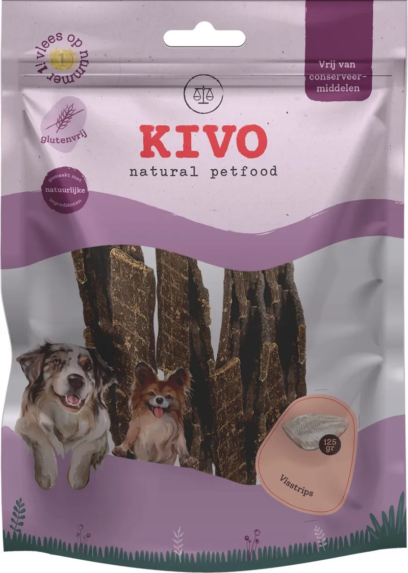 Hondensnack Visstrips 125 gram - Graanvrij en Glutenvrij de Kivo Petfood – photo produit