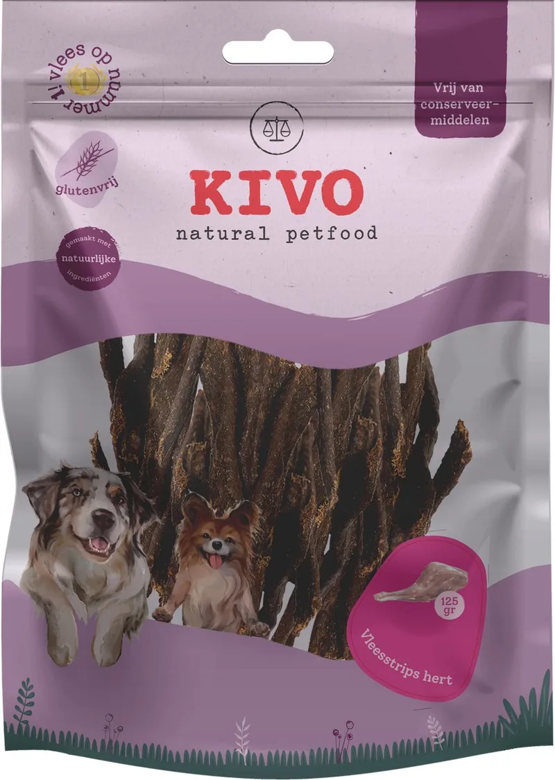 Hondensnack Vleesstrips Hert 125 gram - Graanvrij en Glutenvrij de Kivo Petfood – photo produit