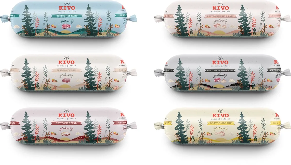 Houdbare Worsten MIXDOOS 12 x 600 gram smaken: Rund, Kip, Rund & Kip, Kip & Zalm, Eend, Lam - Zacht gestoomd vlees - Glutenvrij geen fratsen von Kivo Petfood – Produktfoto