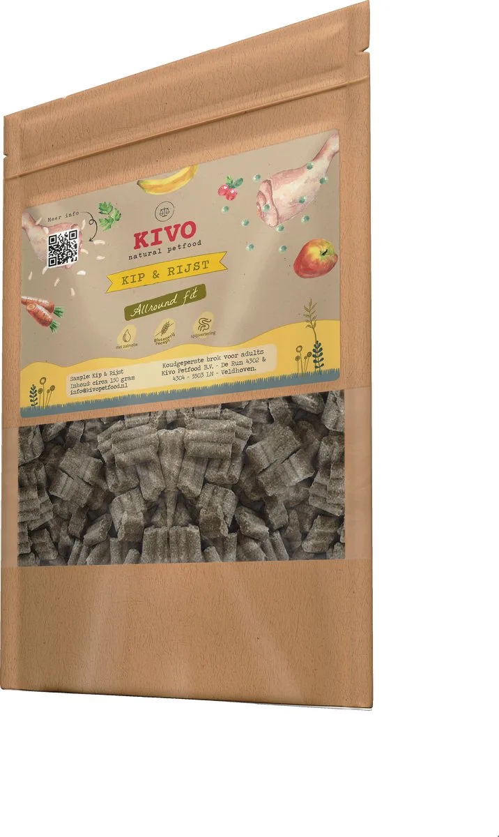 PROEFZAKJE Hondenbrokken Kip & Rijst Allround Fit 300 gram - Koudgeperst - Glutenvrij van Kivo Petfood – productfoto