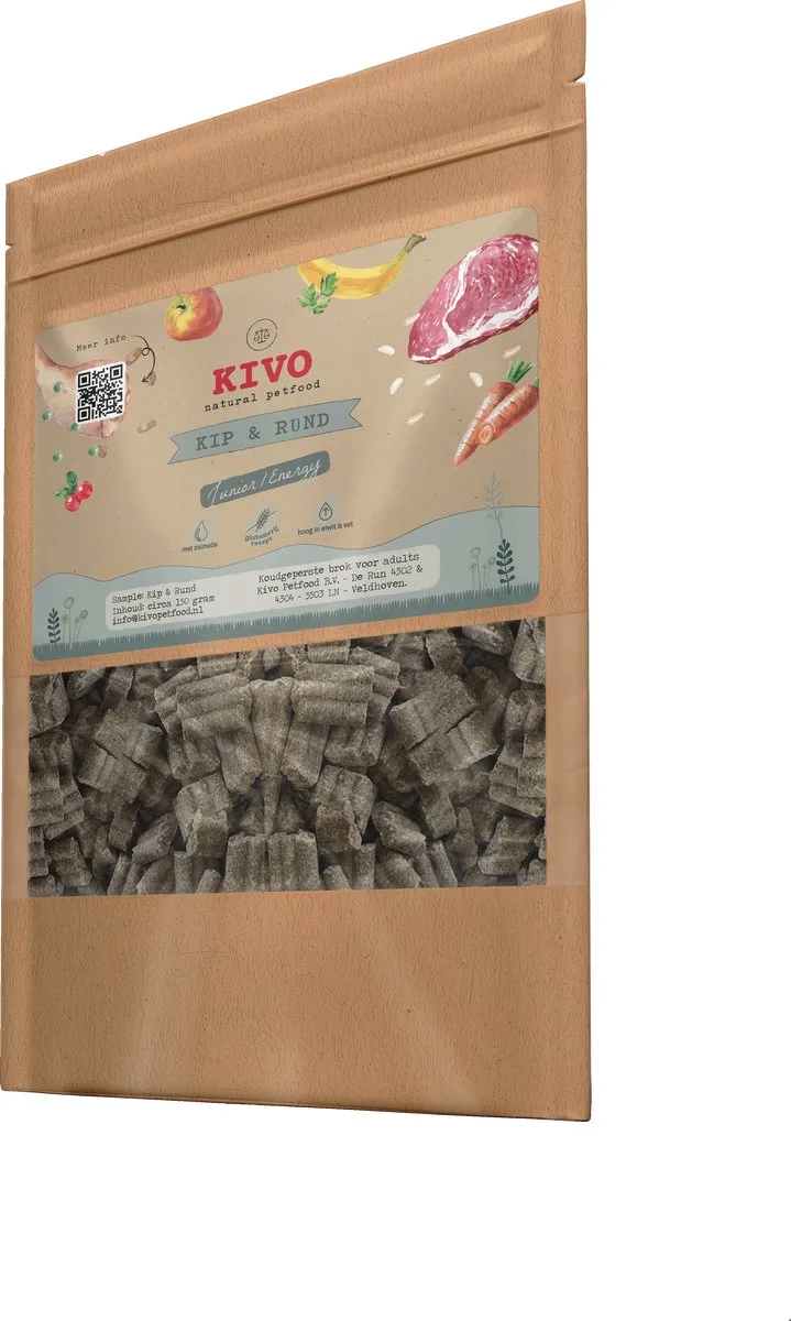 PROEFZAKJE Hondenbrokken Kip & Rund - Junior/Energy 300 gram - Koudgeperst - Glutenvrij by Kivo Petfood – product photo
