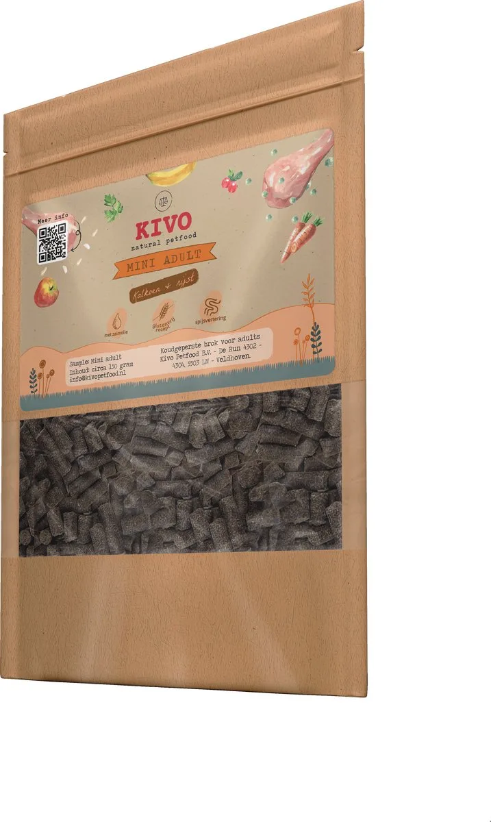 PROEFZAKJE Hondenbrokken MINI ADULT Kalkoen & Rijst 300 gram - Koudgeperst - Glutenvrij van Kivo Petfood – productfoto