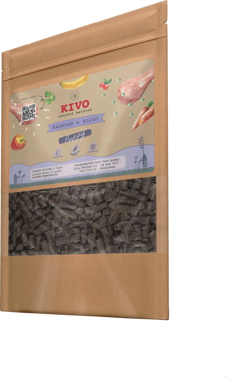 PROEFZAKJE Puppybrokken Kalkoen & Rijst Puppy 300 gram - Koudgeperst - Glutenvrij fra Kivo Petfood – produktbillede