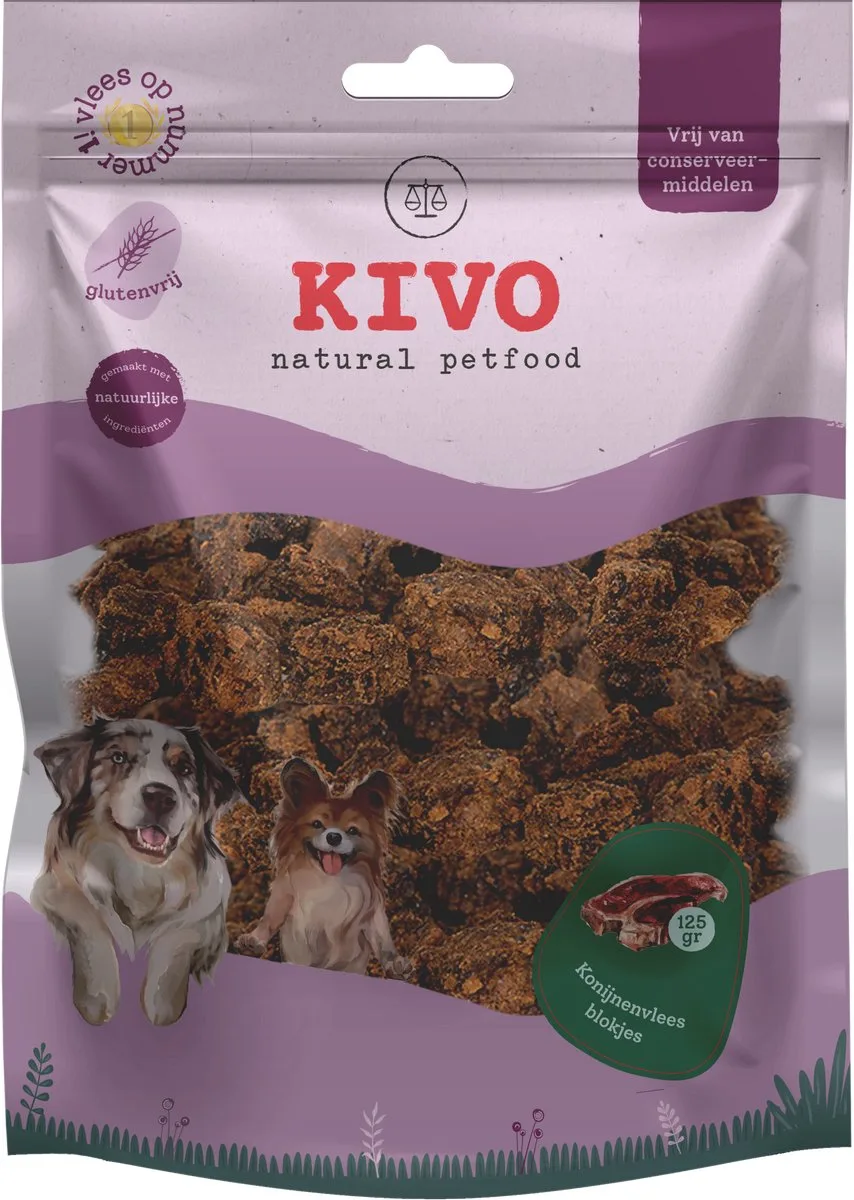 Vleesblokjes Konijn 125 gram - 100% natuurlijk graan & glutenvrij fra Kivo Petfood – produktbillede