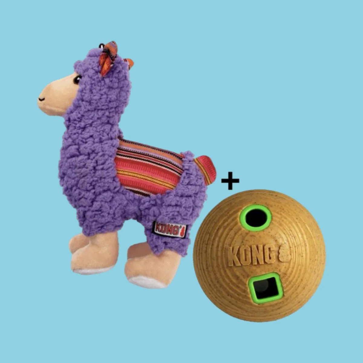 Combideal: Kong Sherps Lama Pluche 21 cm + Kong Bamboo Voerbal 12 cm de KONG en Violet, Marron – photo produit