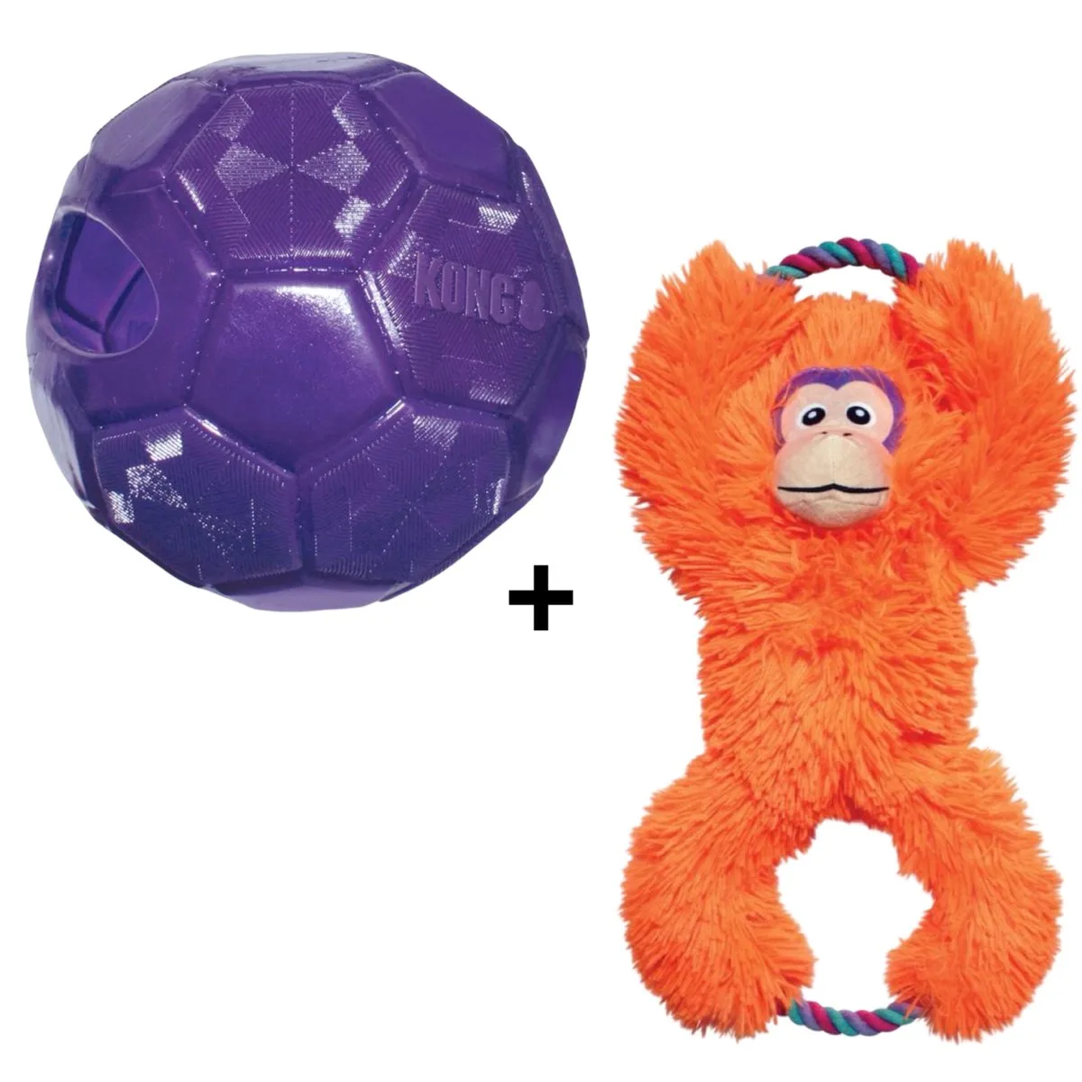 Flexball Paars & Kong Tuggz Aap Hondenspeeltje van KONG in Paars, Oranje – productfoto