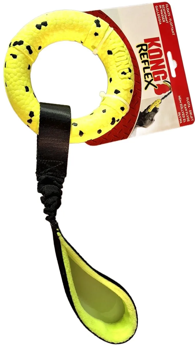 Speel ring hond - met handat - Speelgoed voor dieren - 14 cm - en zwart - Schuim medium hard - Honden bal - Speelbal hond - Speelgoed hond by KONG in Yellow – product photo