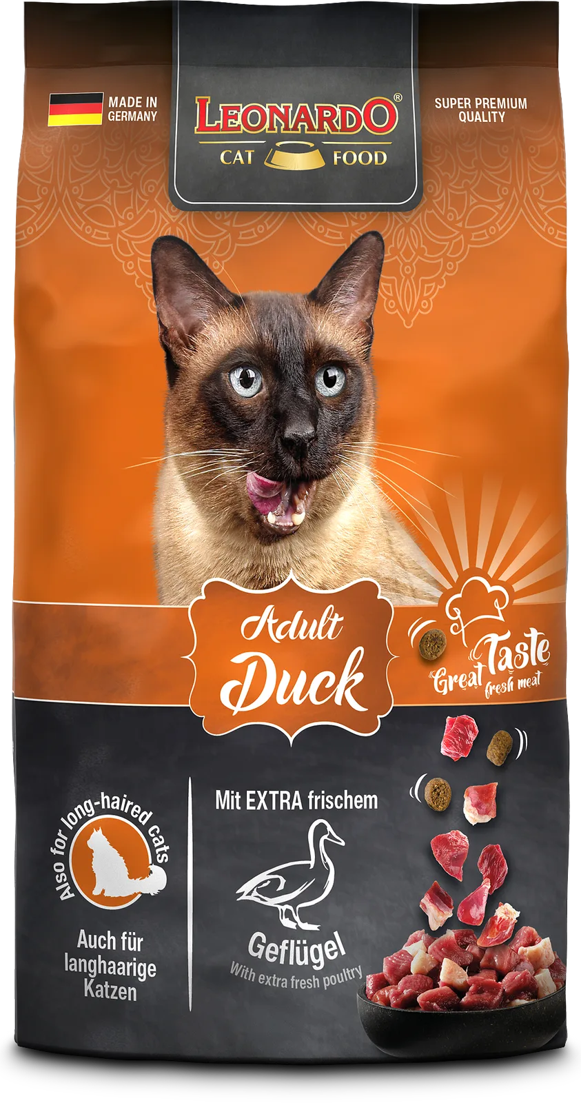 Adult droogvoer met eend voor katten 300 GR de Leonardo – photo produit