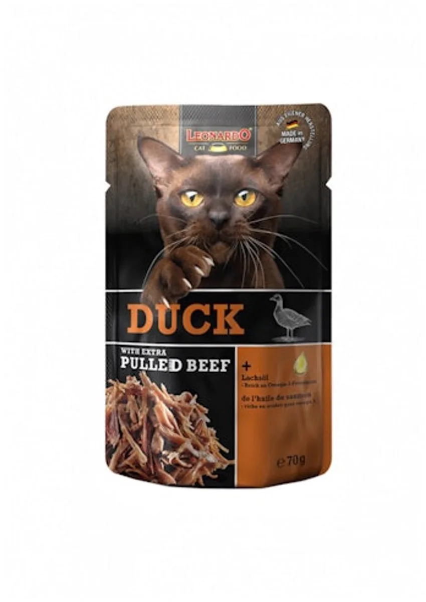 Eend + Extra Pulled Beef - Maaltijdzakje - 16 x 70 g fra Leonardo – produktbillede