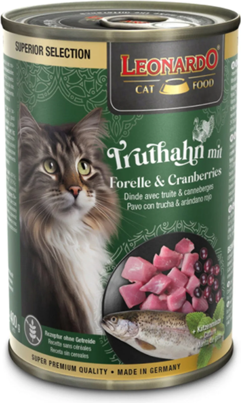 Hoogwaardig natvoer met kalkoen, forel en cranberry's voor katten 400 GR von Leonardo – Produktfoto