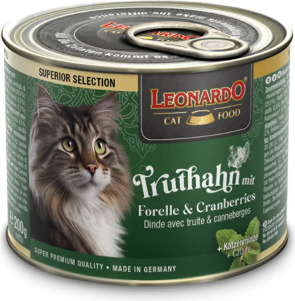 Hoogwaardig natvoer met kalkoen, forel en cranberry's voor katten 200 GR fra Leonardo – produktbillede